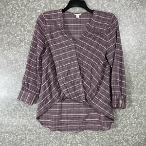 Caslon Women’s Purple Plaid Faux Wrap Long Sleeve Top - Size XS - Preppy Grunge
